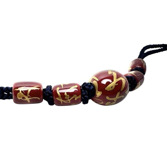 Necklace Ceramic Beads Hand Knotted Purple Gold Accents Braided Double Cord Navy - Picture 8 of 13